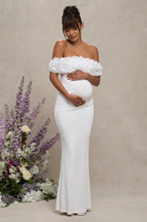 White Mesh Floral Bardot Maternity Maxi Dress
